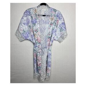 Jessica Vintage Robe Floral Lace Trim Tie Closure Women's Size Medium Retro